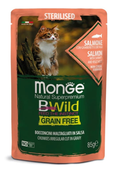 Консервированный корм для кошек Monge Cat BWild Sterilised Grain Free (лосось, креветки, овощи)