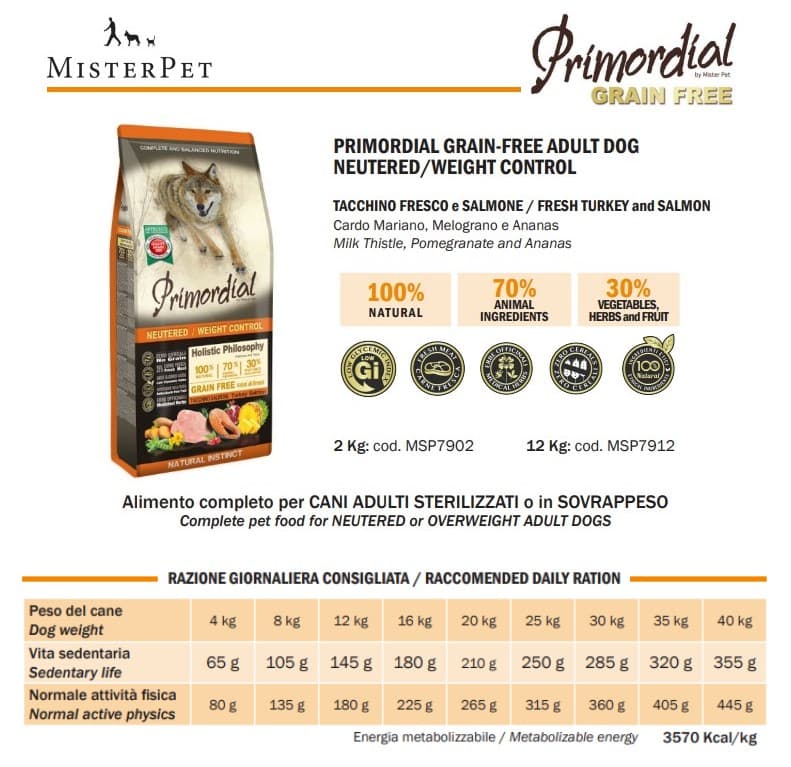 Сухой корм для собак Primordial Dog Adult Neutered/Weight Control индейка, лосось