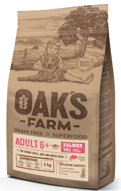Сухой корм для зрелых собак OAK'S FARM Grain Free Adult 6+ Small and Mini Breed Dogs (лосось)