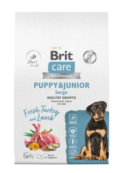 Пища для щенков и молодых собак  Сухой корм для щенков Brit Care Dog Puppy&Junior L Healthy Growth (индейка, ягненок)