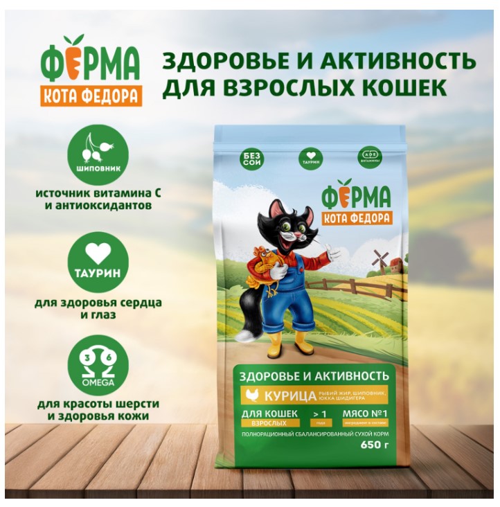 Сухой корм для взрослых кошек Ферма кота Федора с курицей