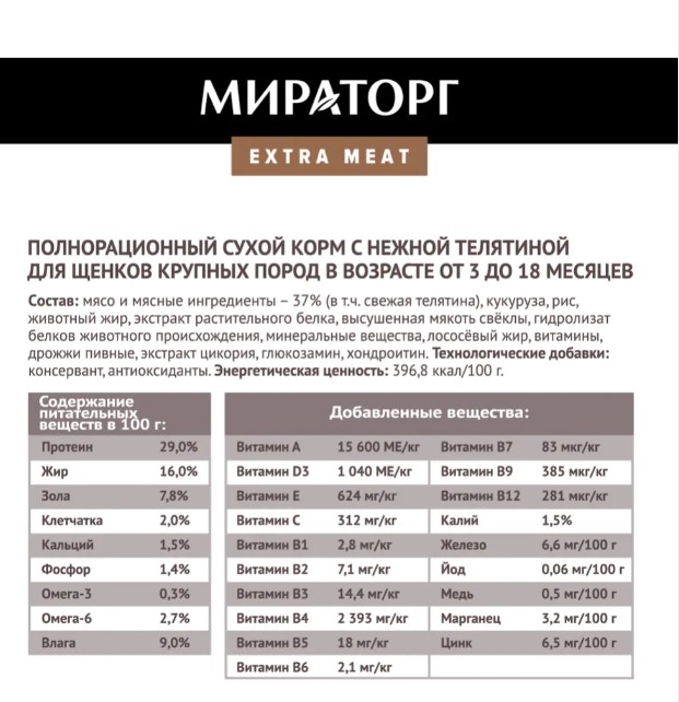 Каталог Мираторг Сухой корм для щенков крупных пород с нежной телятиной Expert Meat для собак