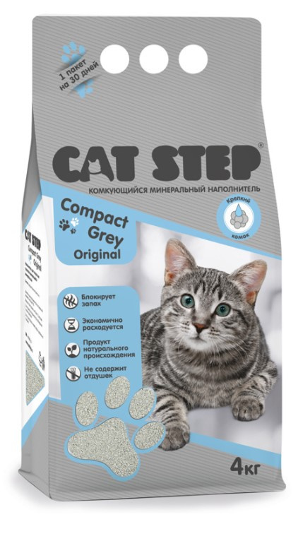 Наполнитель серый комкующийся минеральный CAT STEP Compact Grey Original, 4 кг