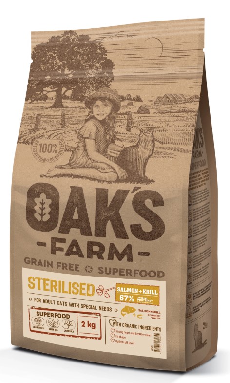 Сухой корм для стерилизованных кошек OAK'S FARM Grain Free Sterilised Adult Cat (лосось, криль)
