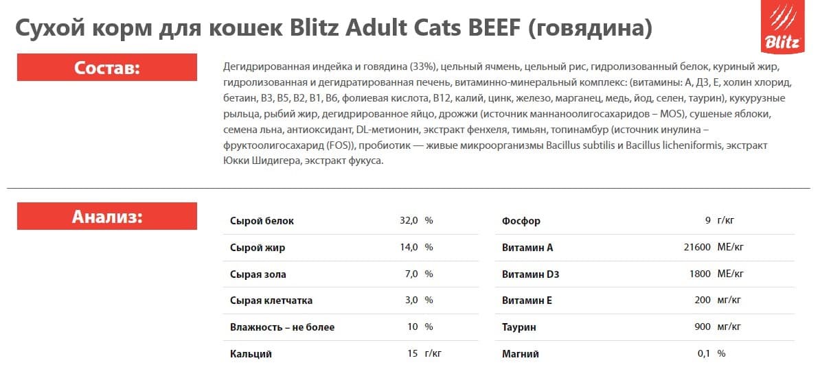 Сухой корм для кошек Blitz Adult Cats BEEF (говядина)