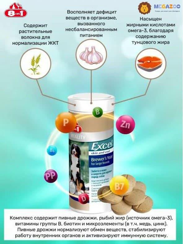 Добавка для собак и кошек на основе пивных дрожжей и чеснока 8in1 Excel Brewer's Yeast