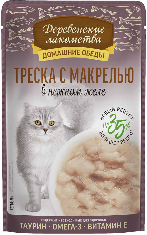 Влажный корм для кошек Деревенские лакомства Треска с макрелью в нежном желе