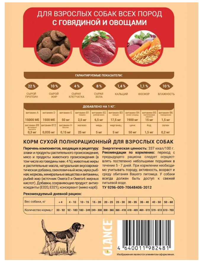 Каталог Сухой корм для собак Glance с говядиной и овощами для собак