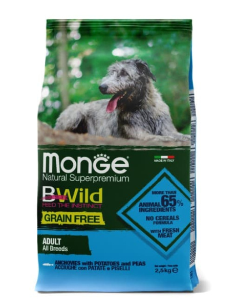 Каталог Сухой корм для собак Monge Dog BWild GF Adult All Breeds (анчоус, картофель) для собак