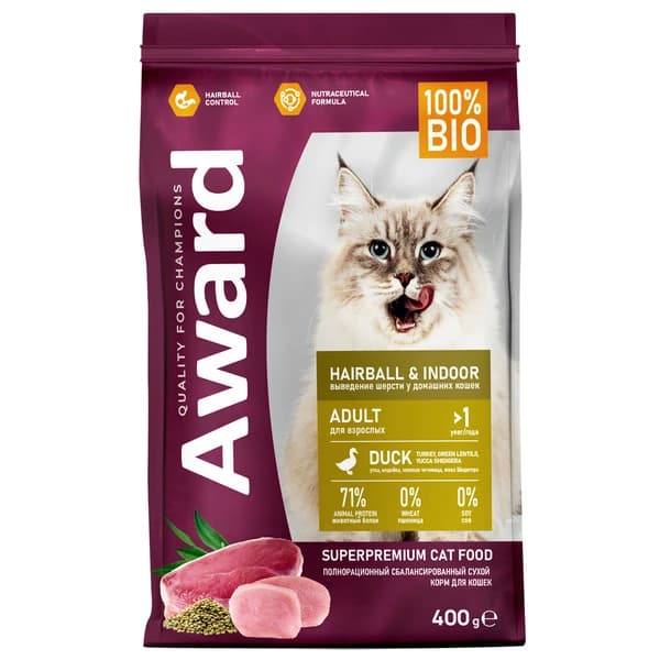 Рацион для вывода шерсти у кошек Award Cat Hairball & Indoor (утка, индейка)