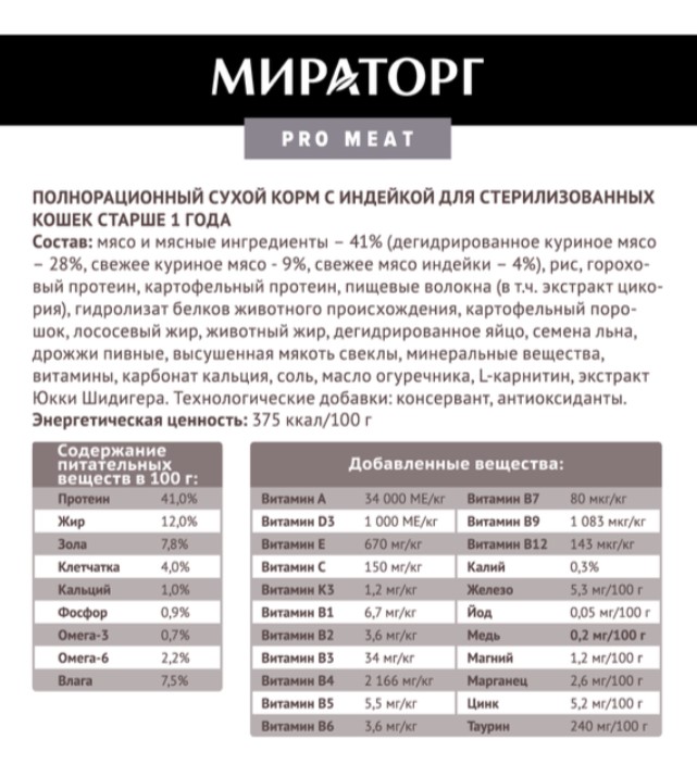 Мираторг Сухой корм для стерилизованных кошек с индейкой Pro Meat 