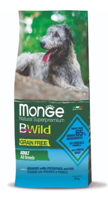 Каталог Сухой корм для собак Monge Dog BWild GF Adult All Breeds (анчоус, картофель) для собак