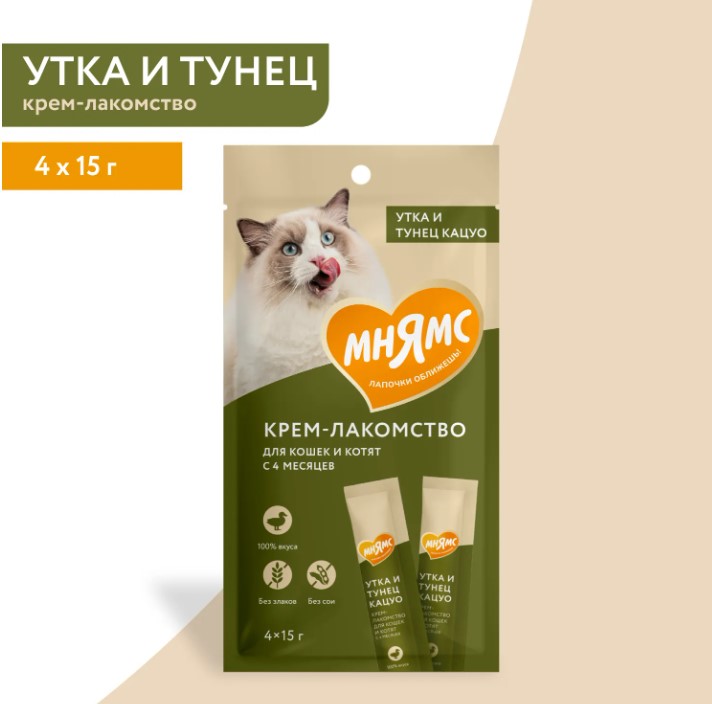 Крем-лакомство Мнямс для кошек с уткой и тунцом Кацуо