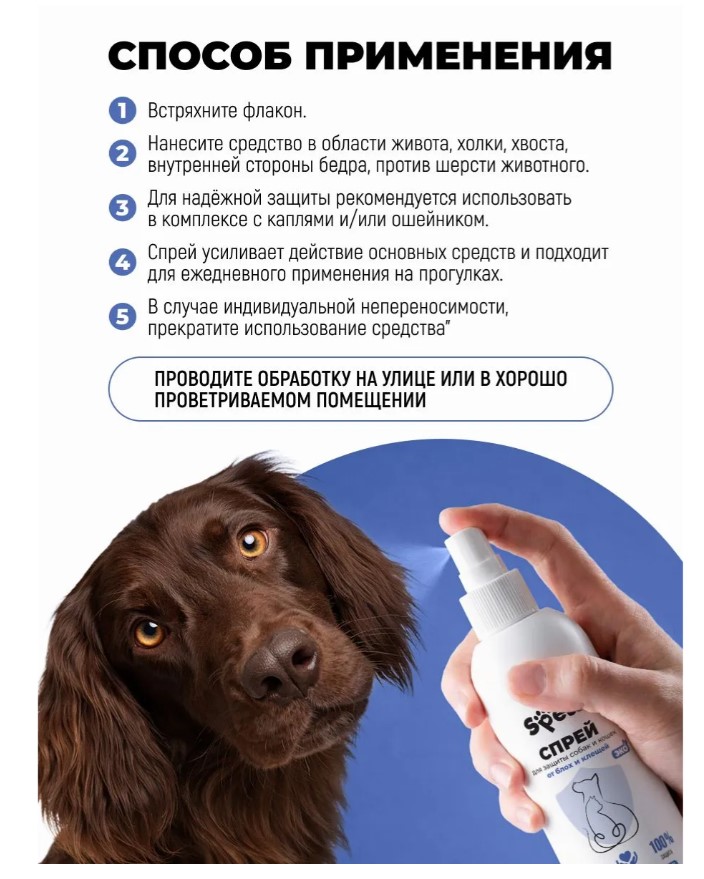 Спрей для защиты собак и кошек от блох и клещей "Spets" 