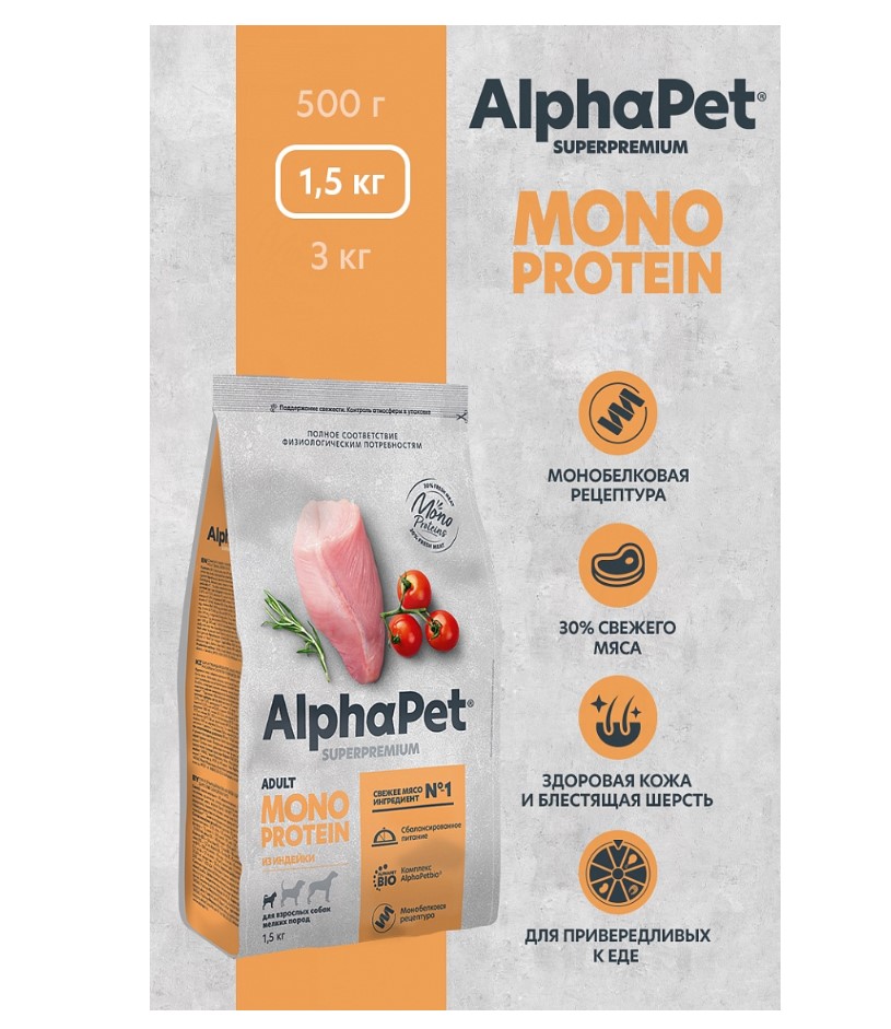 Сухой корм для собак мелких пород AlphaPet Monoprotein Adult Dog Small (индейка)