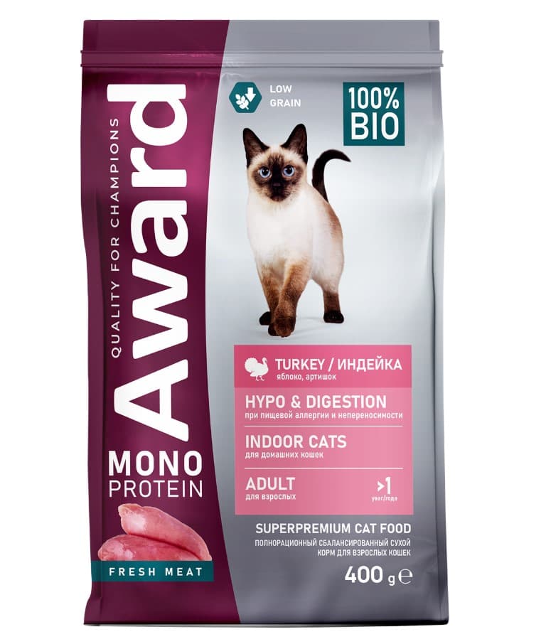 Сухой корм для кошек AWARD Monoprotein из индейки с добавлением яблока и артишока