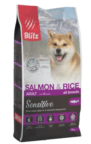 Еда для собак Сухой корм для собак Blitz Holistic Adult All Breeds (лосось, рис)