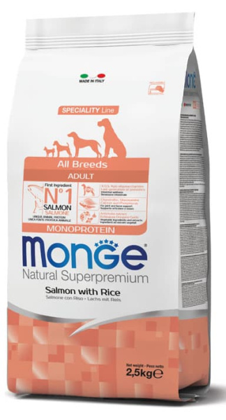 Каталог Сухой корм для собак Monge Dog Monoprotein Adult All Breeds (лосось, рис) для собак