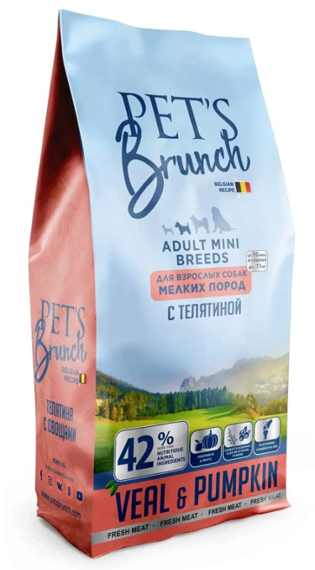 Каталог Сухой корм для собак мелких пород Pet's Brunch Adult Mini Breeds (телятина, тыква) для собак