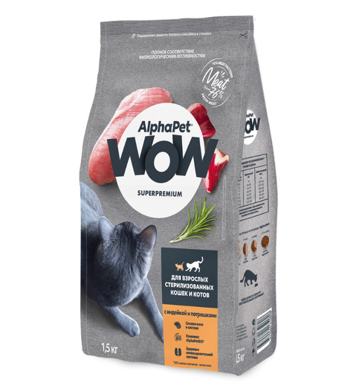 Сухой корм для кошек AlphaPet WOW Sterilised Adult Cat (индейка с потрошками)