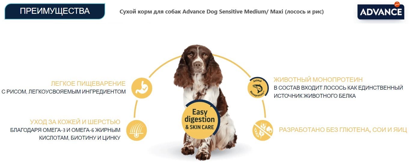 Еда для взрослых собак Сухой корм для собак Advance Dog Sensitive Medium/ Maxi (лосось и рис)