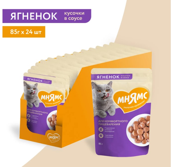 Влажный корм Мнямс Кусочки в соусе с ягненком для комфортного пищеварения у кошек