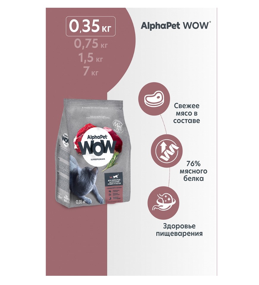 Сухой корм для кошек AlphaPet WOW Adult Cat (говядина, печень)