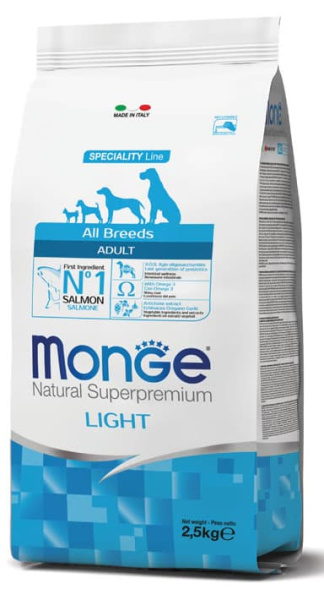 Каталог Сухой корм для собак Monge Dog Speciality Light Adult All Breeds (лосось, рис) для собак
