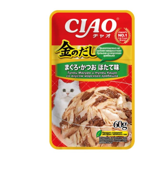 Влажный корм для кошек Inaba Ciao Kinnodashi (Тунец Магуро, тунец Кацуо, морской гребешок)