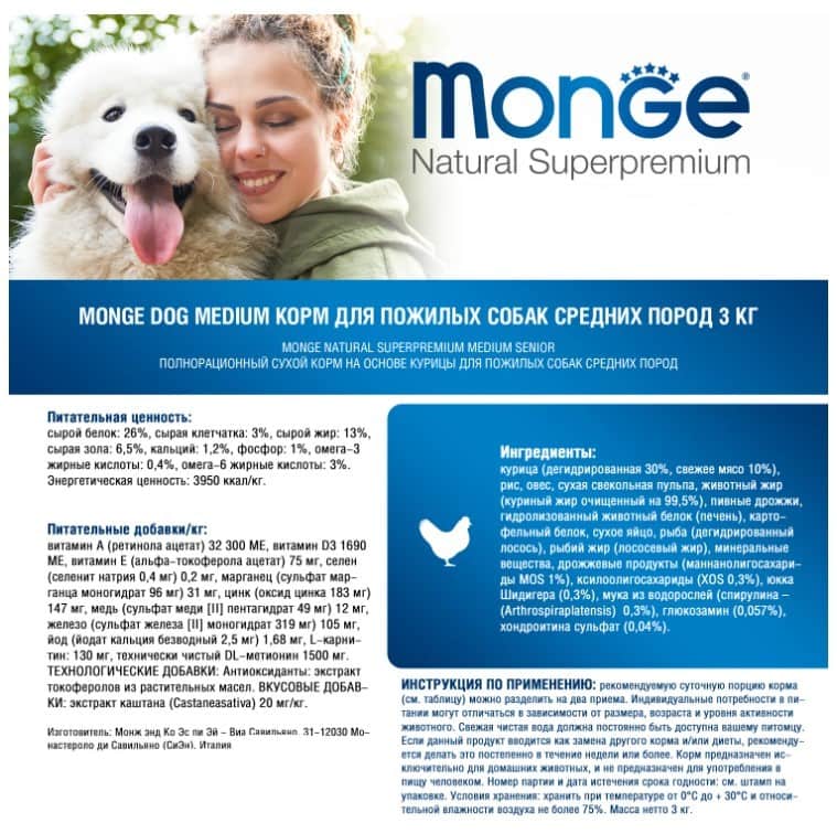 Рацион для собак Monge Dog Daily Line Medium Senior (курица)