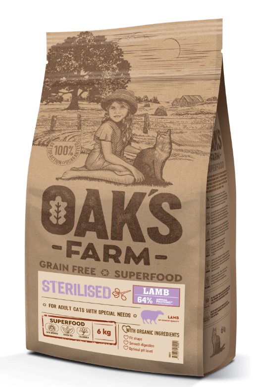 Сухой корм для стерилизованных кошек OAK'S FARM Grain Free Sterilised Adult Cat (ягненок)