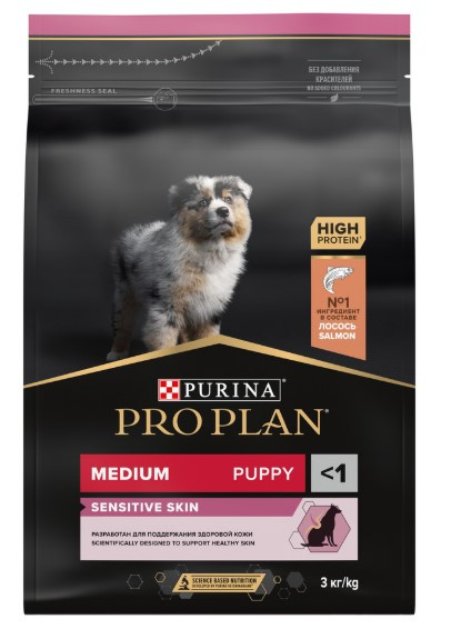 Каталог Сухой корм для щенков средних пород Pro Plan Sensitive Skin Medium Puppy (лосось,рис) для собак