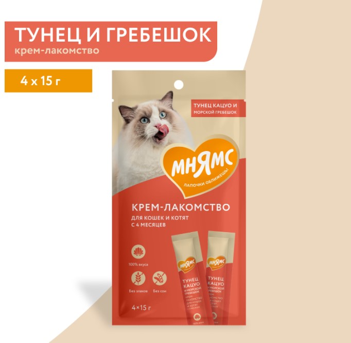 Крем-лакомство Мнямс для кошек с тунцом Кацуо и морским гребешком