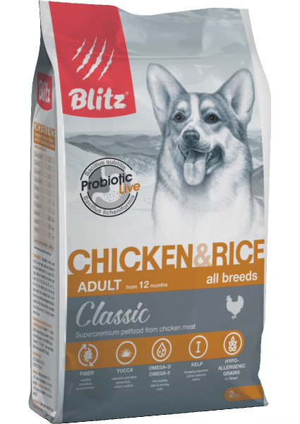 Каталог Сухой корм для собак Blitz Classic Adult Dog All Breeds (курица, рис) для собак