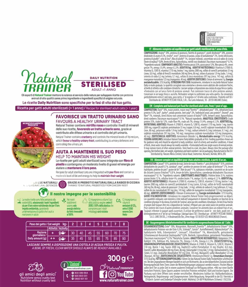 Сухой корм для стерилизованных кошек Natural Trainer Adult Sterilised (утка)