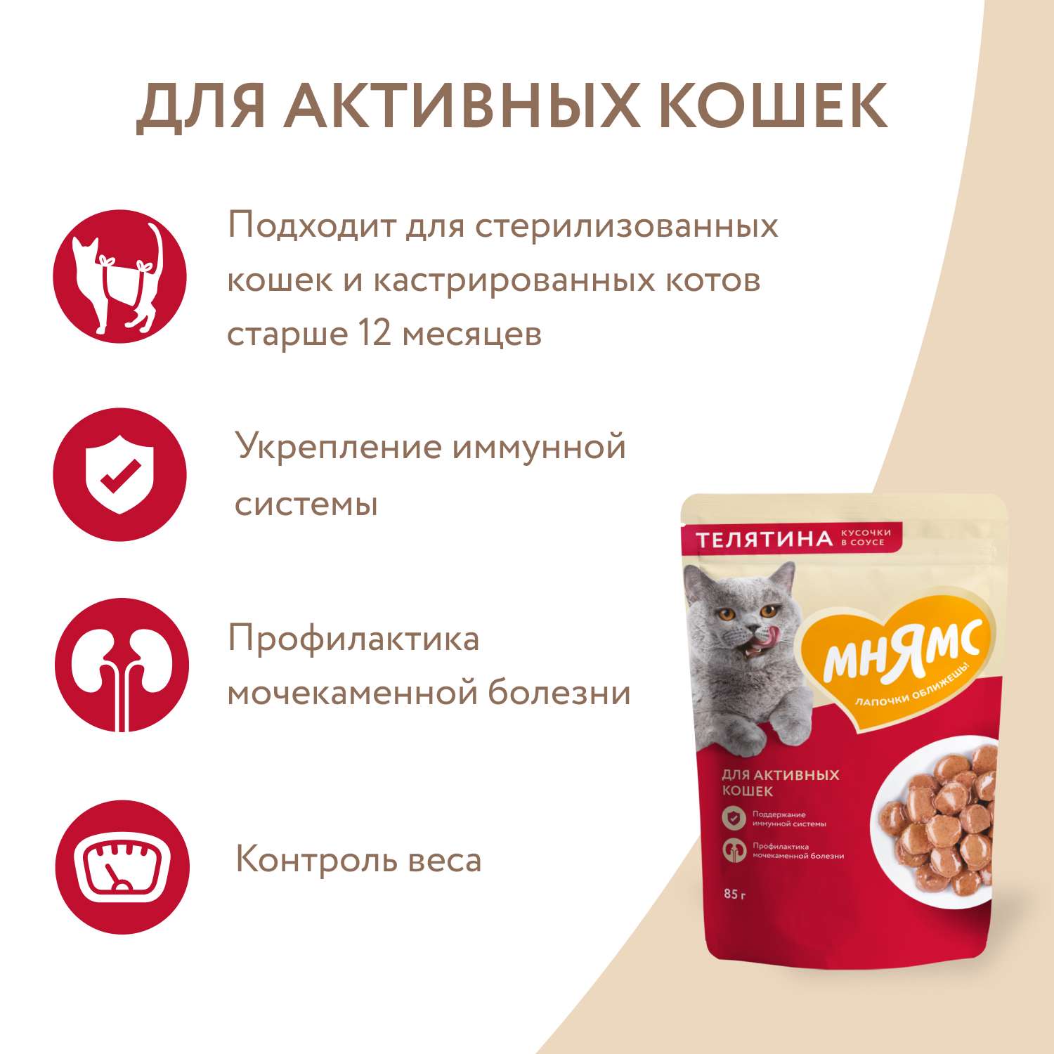 Влажный корм Мнямс Кусочки в соусе с телятиной для активных кошек