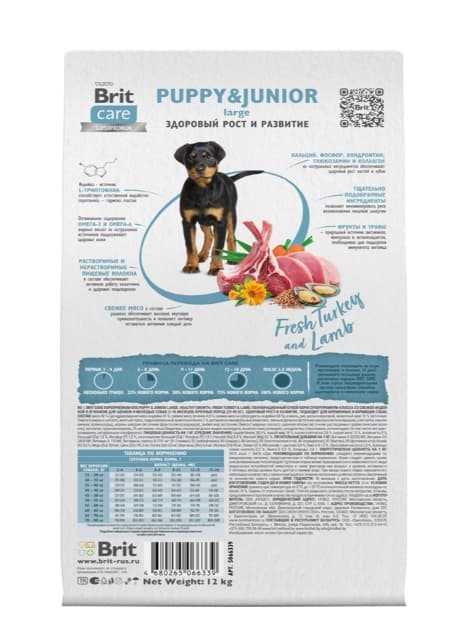 Пища для щенков и молодых собак  Сухой корм для щенков Brit Care Dog Puppy&Junior L Healthy Growth (индейка, ягненок)