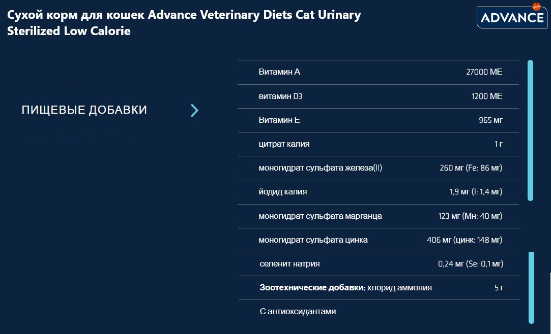 Сухой корм для кошек Advance Veterinary Diets Cat Urinary Sterilized Low Calorie
