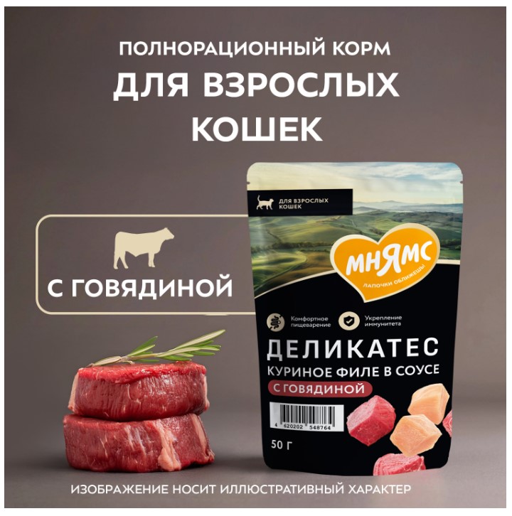 Влажный корм для кошек Мнямс Деликатес Куриное филе с говядиной в соусе 