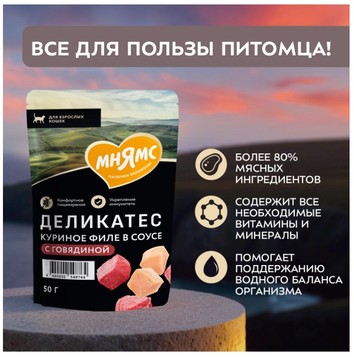 Влажный корм для кошек Мнямс Деликатес Куриное филе с говядиной в соусе 