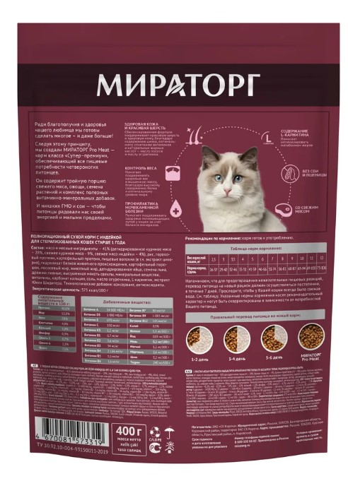 Мираторг Сухой корм для стерилизованных кошек с индейкой Pro Meat 