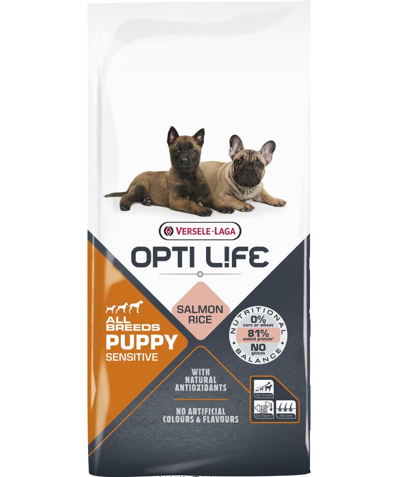Каталог Сухой корм для щенков Opti Life Puppy Sensitive All Breeds (лосось, рис) для собак