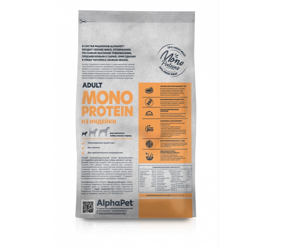 Сухой корм для собак мелких пород AlphaPet Monoprotein Adult Dog Small (индейка)