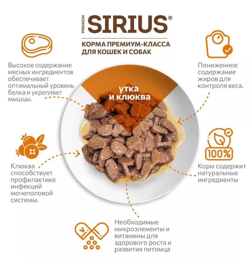 Влажный корм для стерилизованных кошек Sirius Adult Cat (утка, клюква) 