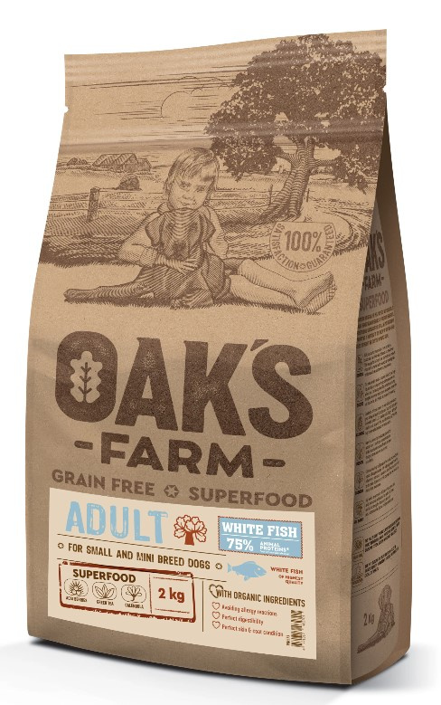 Каталог Сухой корм для собак мелких пород OAK'S FARM Grain Free Adult Small and Mini Breed Dogs (белая рыба) для собак