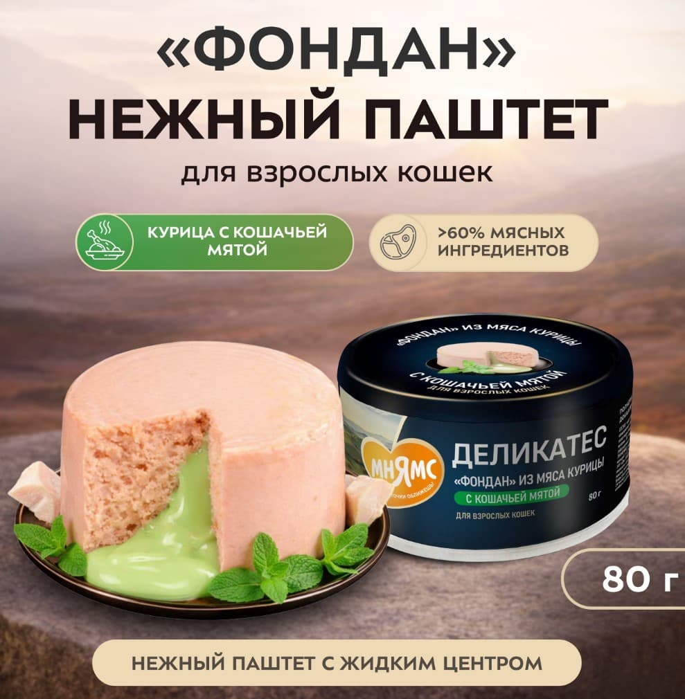 Влажный корм для кошек Мнямс Деликатес Фондан Adult Cat (курица, кошачья мята)