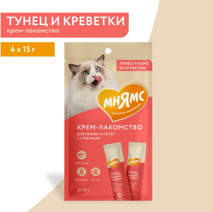 Крем-лакомство Мнямс для кошек с тунцом Кацуо и креветками