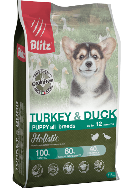 Каталог Сухой корм для щенков Blitz Holistic Puppy All Breeds (индейка, утка) для собак