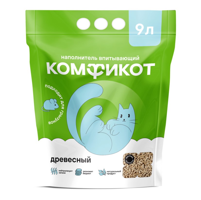 Комфикот Наполнитель древесный впитывающий, мелкие гранулы