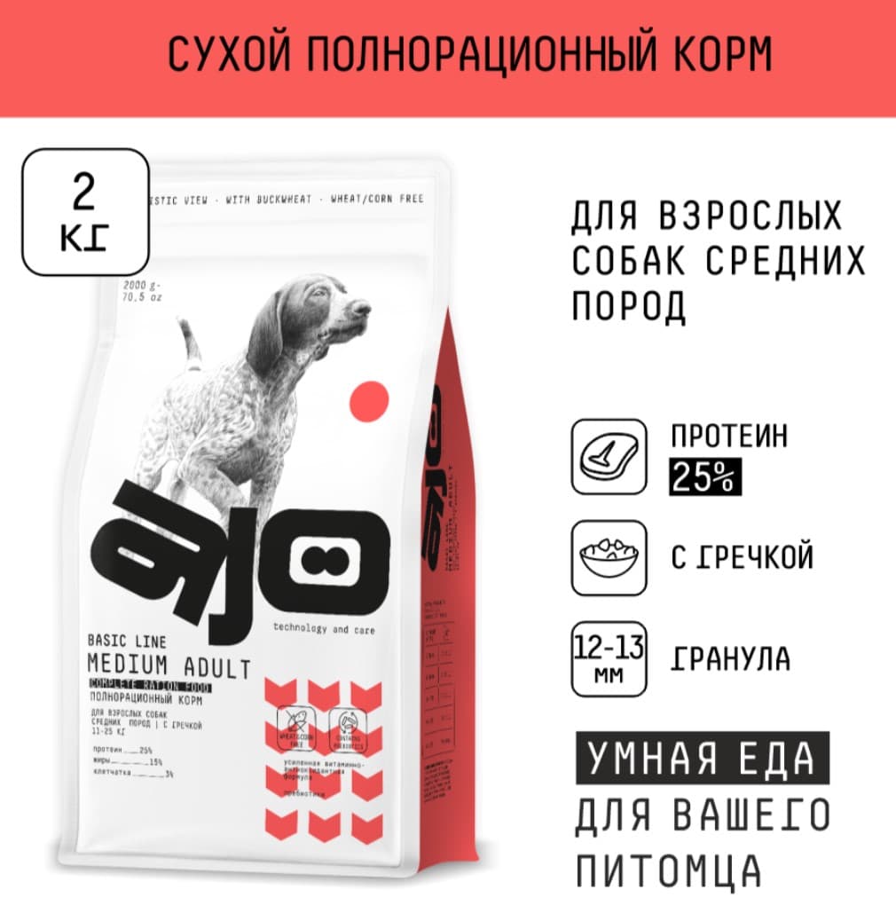 Каталог Сухой корм для собак средних AJO Basic Line Medium Adult Dog для собак